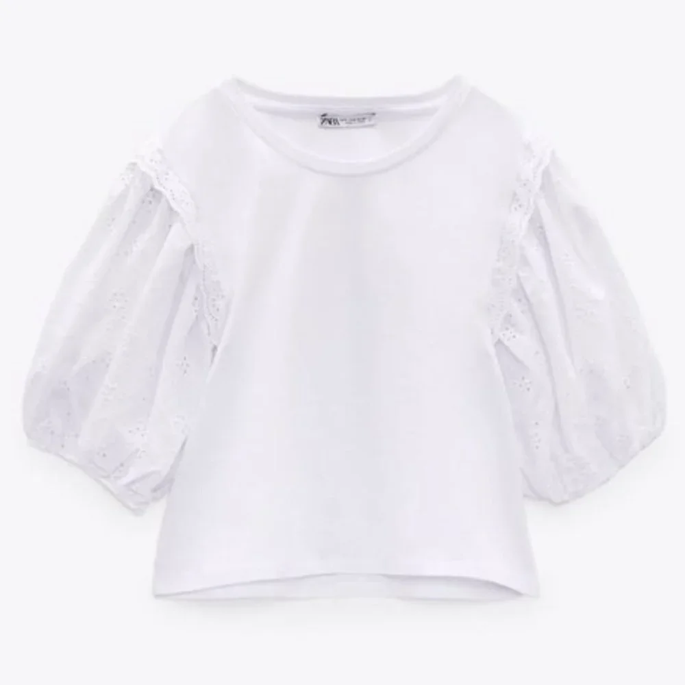 ZARA White Cotton Eyelet Puff Sleeve Contrast Boho Blouse